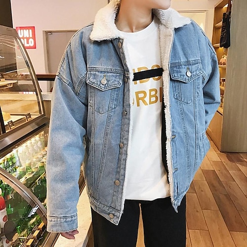

Men's Sherpa jacket Denim Jacket Jean Jacket Durable Casual / Daily Daily Wear Vacation To-Go Single Breasted Turndown Warm Ups Comfort Leisure Jacket Outerwear Solid / Plain Color Pocket Black Dark