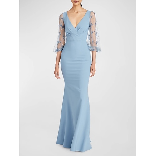 

Havfrue Kjole til brudens mor Formel Fest Elegant V-hals Gulvlang Chiffon 3/4-ærmer med Krystaldetaljering Ruche 2023
