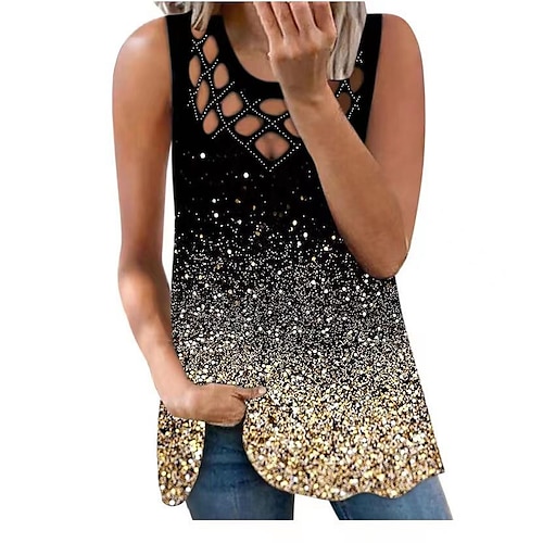 

Damen Tank Top Schwarz Gold Blumen Ausgeschnitten Bedruckt Ärmellos Casual Festtage Basic Rundhalsausschnitt Standard Blume S