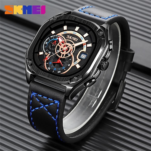 

Reloj de cuarzo skmei para hombre, reloj de pulsera analógico de negocios de moda para deportes al aire libre, cronómetro, calendario luminoso, fecha, correa de cuero resistente al agua, reloj para