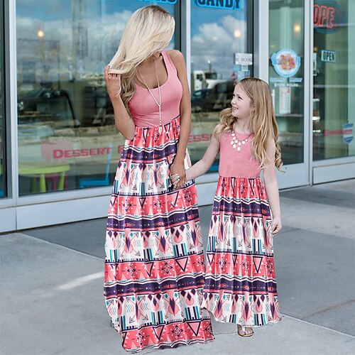 

Mama und ich Kleider Baumwolle Farbblock Casual Rosa Blau Purpur Ärmellos Tank-Top Kleid bezaubernd Passende Outfits