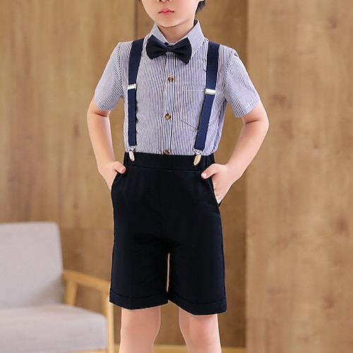 

4 Dele Børn Drenge Trøje & Shorts Outfit Stribe Kortærmet Sæt Afslappet Mode Sommer Forår 7-13 år Blå
