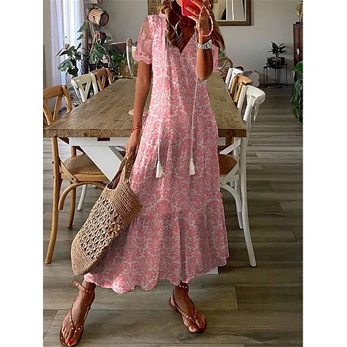 

Dame Lang kjole Maxikjole Hverdagskjole A Linje Kjole Print kjole Blomstret Mode Gade udendørs Daglig Ferie Blonder Drapering Kortærmet V-hals Kjole Regulær Rød Sommer Forår S M L XL XXL