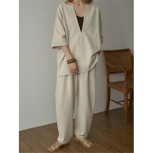 

Dame Loungewear Sæt Ren farve Mode Enkel Afslappet Gade Daglig Stævnemøde Bomuldsblanding Åndbart V-strop Halvlange ærmer T-shirt Bukse Sommer Forår Sort Beige