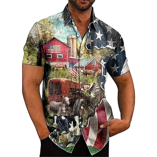 

Homens Camisa Social Estampas Abstratas Bandeira americana Aberto para a Lateral Verde Ao ar livre Rua Manga Curta Imprimir Roupa Moda Roupa de rua Designer Macia