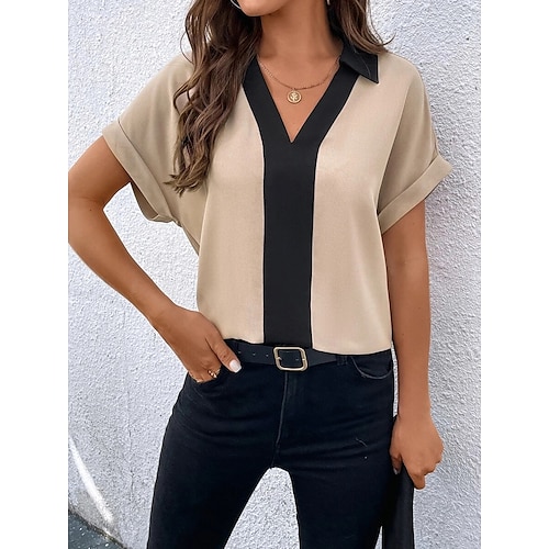 

Mujer Camisa Blusa Negro Fucsia Naranja Bloque de color Manga Corta Casual Básico Escote en Pico Regular S