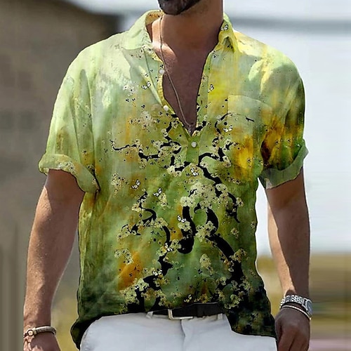 

Homens Camisa Social Floral Estampas Abstratas Aberto para a Lateral Branco Verde Ao ar livre Casual Manga Curta Imprimir Roupa Esportes Moda Roupa de rua Designer