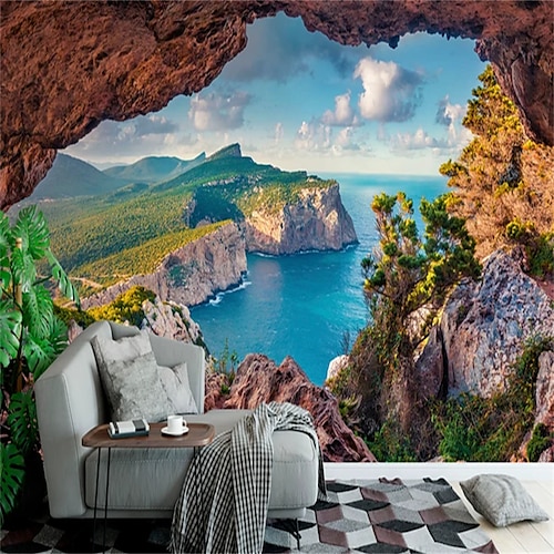 

Sea Cave Wallpaper Mural Summer View Cave Wall Covering Sticker Peel and Stick Amovible pvc/vinyl material Auto-adhésif/adhésif requis wall decor for living room kitchen bathroom