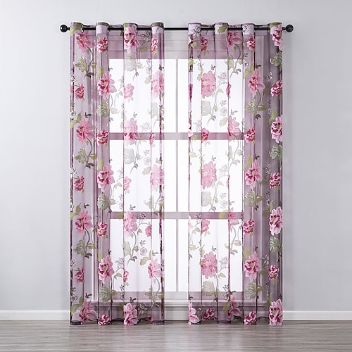 

Floral Sheer Curtain Panels Grommet/Eyelet Curtain Drapes For Living Room Bedroom, Farmhouse Curtain for Kitchen Balcony Door Window Treatments Room Darkening