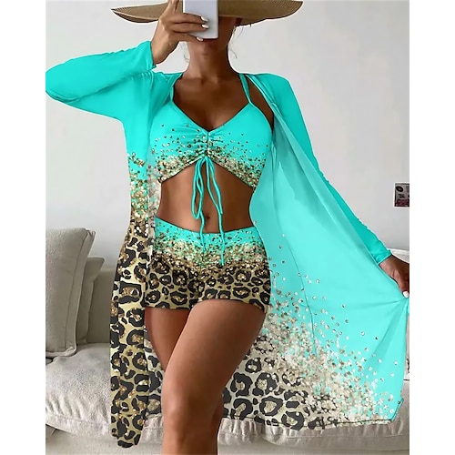 

Dame Badetøj Bikini Opdækning Normal badedragt 3 stk Printer Leopard Lys pink Blå Badedragter Sport Strand Tøj Efterår