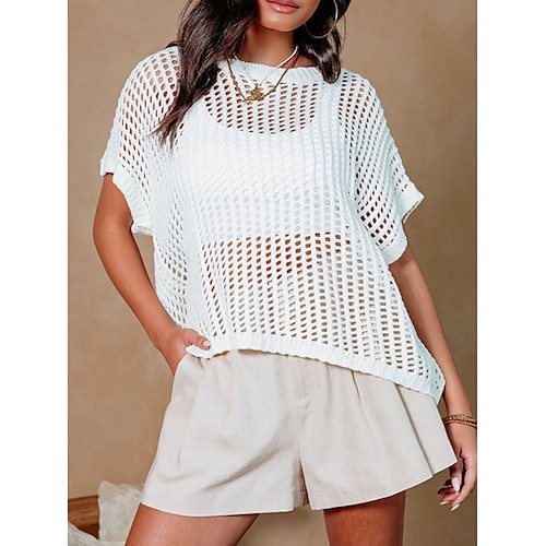 

Pull Maille Femme Crocheté Tricoter Ouvert Couleur unie Col Ras du Cou mode Décontractées Vacances Sortie Manches courtes Eté Printemps Noir Blanche S M L