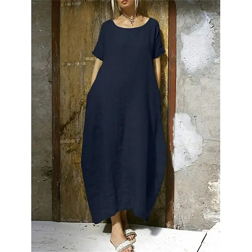 

Women's Cotton Linen Dress Casual Dress Maxi long Dress Cotton Blend Casual Outdoor Daily Vacation Crew Neck Pocket Short Sleeve Summer Spring 2023 Loose Fit Navy Blue Camel Brown Pure Color S M L XL