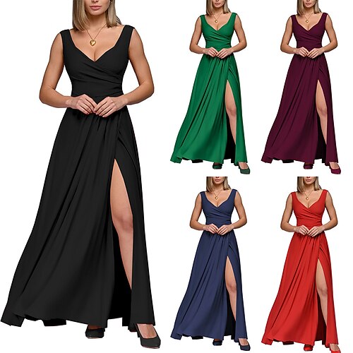 

Women's Prom Party Dress Swing Dress Long Dress Maxi Dress Black Wine Red Sleeveless Pure Color Backless Winter Fall Spring V Neck Fashion Evening Party 2023 S M L XL XXL