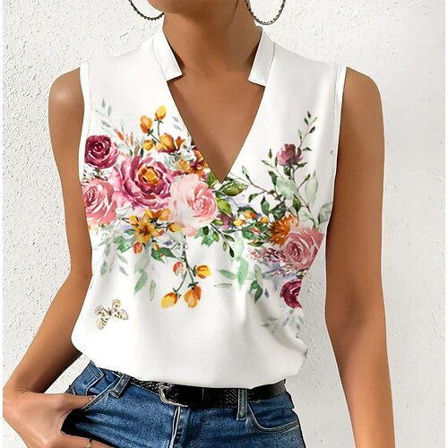 

Débardeur Femme Blanche Violet Vert Floral Papillon Imprimer Sans Manches Casual Vacances basique Col V Normal Standard Fleur Papillon S