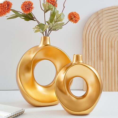 

1 kreative goldene Vase in Form eines Donuts, kreativer kreisförmiger Blumenhalter aus Harz, Heimdekoration, Wohnzimmer, Esstisch, französische Dekoration