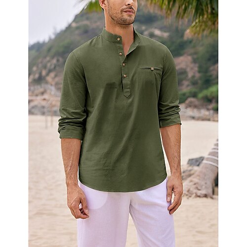 

Homens Camisa Social camisa de linho Camisa casual camisa de verão camisa de praia Preto Branco Azul Manga Longa Tecido Henley Primavera Verão Casual Diário Roupa