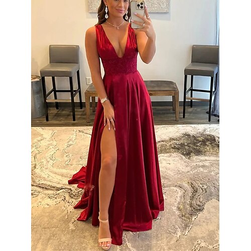 

Linea-A Abiti da ballo Stile impero Vestito Formale Strascico di corte Senza maniche Girocollo Di pizzo Scollato sul retro con Fessura 2023