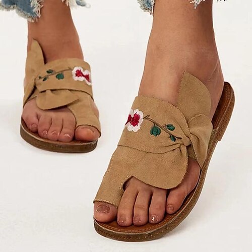 

Women's Sandals Boho Bohemia Beach Flat Sandals Outdoor Slippers Daily Walking Summer Bowknot Flat Heel Elegant Casual Satin Loafer Embroidered Black Khaki Beige