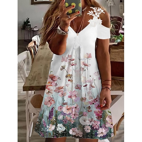 

Per donna Plus Size Abito casual Abito di pizzo Floreale Vestito longuette Manica corta Pizzo Collage Con bretelline Di tendenza Esterno Bianco Blu Estate Primavera L XL XXL 3XL 4XL