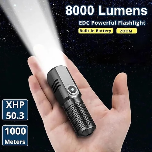 

XHP50 Powerful LED Flashlight 1500lm Built in Battery 3 Modes USB C Rechargeable Mini Flashlight Torch Lamp Military Camping Flashlights Can Be Closed with One Click