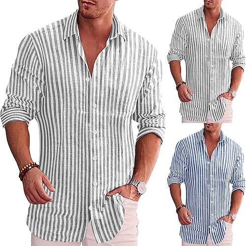 

Men's Shirt Button Up Shirt Summer Shirt Blue Green Gray Long Sleeve Striped Turndown 3D Print Plus Size Casual Daily Clothing Apparel Vintage Elegant