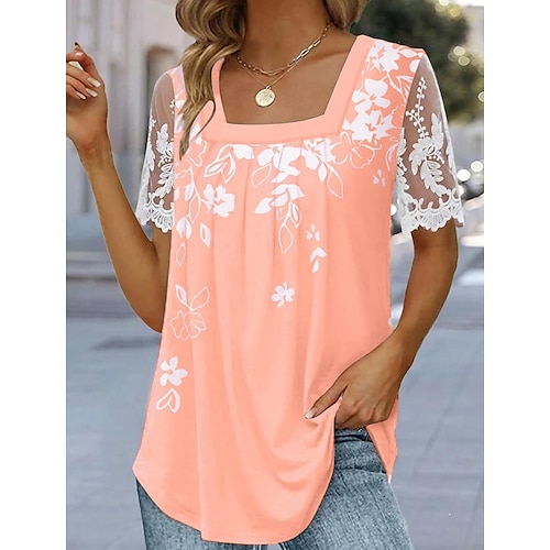 

Women's T shirt Tee Floral Holiday Weekend White Pink Blue Print Lace Short Sleeve Basic Square Neck Regular Fit