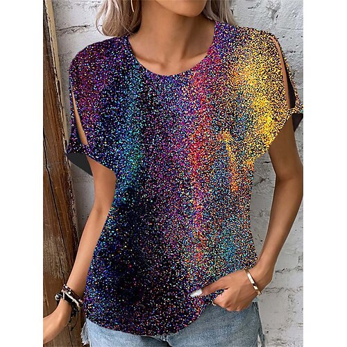 

Mulheres Camiseta Rosa Vermelho Azul Folha Estrela Imprimir Manga Curta Diário Final de semana Básico Decote Redondo Padrão Pintura S