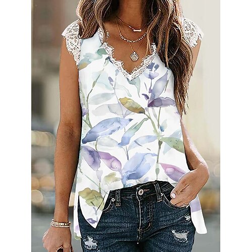 

Mujer Camiseta sin mangas Blanco Azul Piscina Verde Trébol Graphic Floral Encaje Estampado Sin Mangas Casual Festivos Básico Escote en Pico Regular Flor S