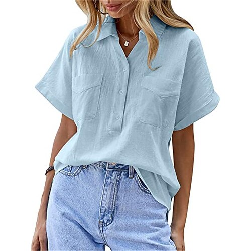 

Mujer Camisa Blusa Bleu Ciel Negro Blanco Plano Botón Bolsillo Manga Corta Casual Básico Cuello Camisero Regular Lino S