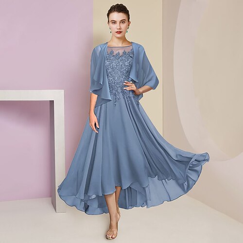 

Todelt A-linje Kjole til brudens mor Formell Bryllupsgjest Elegant Asymmetrisk lengde Øsehals Asymmetrisk Te-lengde Chiffon Blonder Kortermet Innpakking inkludert med Paljett Appliqué 2023