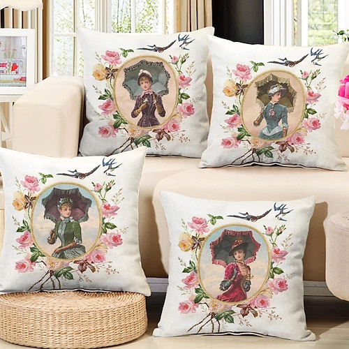 

Vintage portrait double face taie d'oreiller 4 pc victorienne douce décorative carrée taie d'oreiller taie d'oreiller pour chambre salon canapé canapé chaise