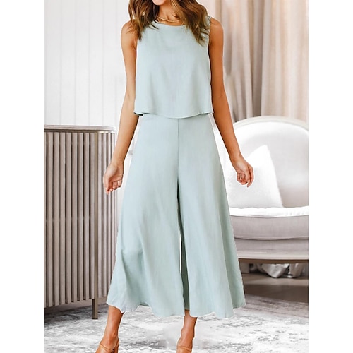 

Dame Loungewear Sæt Ren farve Mode Varm Komfort Hjem Gade Stævnemøde Polyester Åndbart Rund hals Uden ærmer Bukse Sommer Forår Sort Hvid