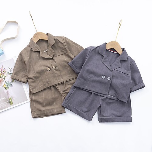 

2 Dele Baby Drenge Trøje & Shorts Outfit Helfarve Kortærmet Sæt udendørs Mode Daglig Sommer Forår 3-7 år Navyblå Kakifarvet