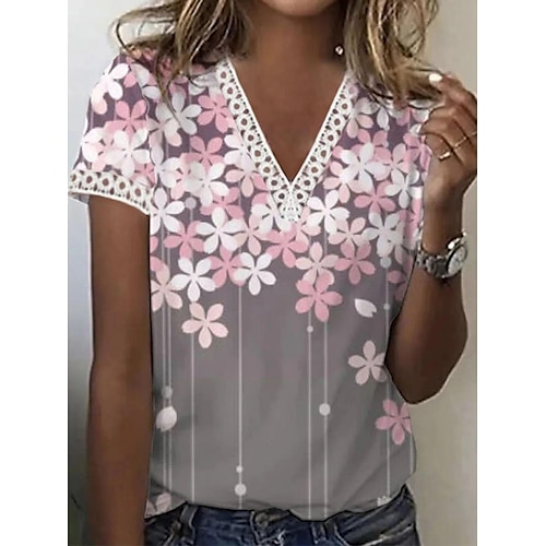 

T shirt Tee Femme Blanche Rose Claire Floral Garniture en dentelle Imprimer Manche Courte Vacances Fin de semaine basique Col V Normal Standard Fleur Peinture S