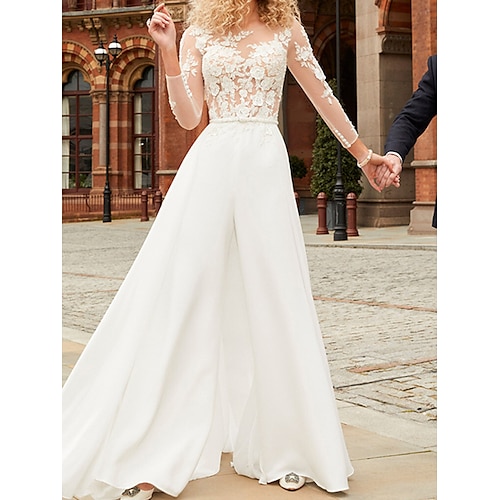 

Combinaison Femme Dentelle Couleur unie Col Ras du Cou Vêtement de rue Mariage Soirée Standard manche longue Blanche S Eté