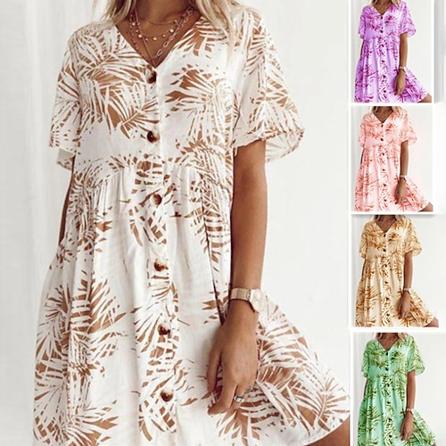 

Dame Afslappet påklædning Sommerkjole Print kjole Blad Knap Trykt mønster V-hals Mini kjole Mode Moderne udendørs Daglig Kortærmet Løstsiddende Hvid Gul Lyserød Sommer Forår S M L XL XXL