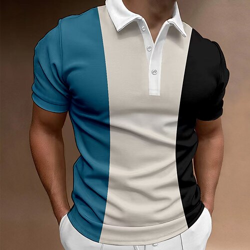 

Men's Button Up Polos Polo Shirt Casual Holiday Lapel Short Sleeve Fashion Basic Color Block Button Summer Regular Fit Black Blue Brown Button Up Polos