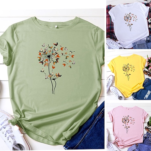 

Women's T shirt Tee White Yellow Light Green Graphic Animal Print Short Sleeve Casual Daily Basic Round Neck Regular 100% Cotton S