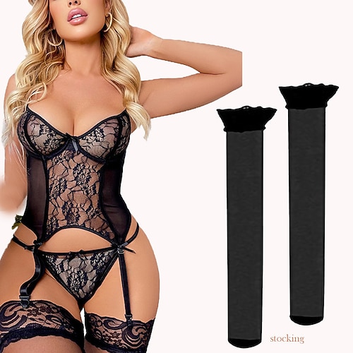 

Conjunto de lencería de 3 piezas para mujer, body de peluche de encaje con liguero con medias panty, mini camisón tipo babydoll