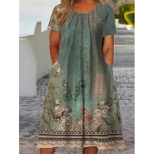 

Dame Store størrelser Uformell kjole Kjole med A-linje Blomstret Midikjole Kortermet Rynket Lomme Crew-hals Mote Daglig Hvit Grønn Sommer Vår L XL XXL 3XL