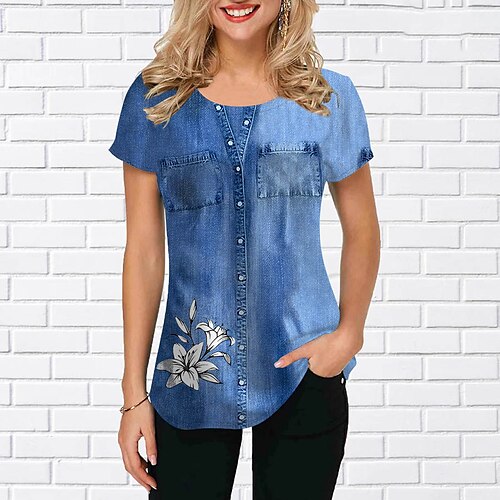 

Mulheres Camisa Social Blusa Preto Azul Marinha Azul Floral Imprimir Manga Curta Casual Feriado Básico Decote Redondo Padrão Tema Flores S