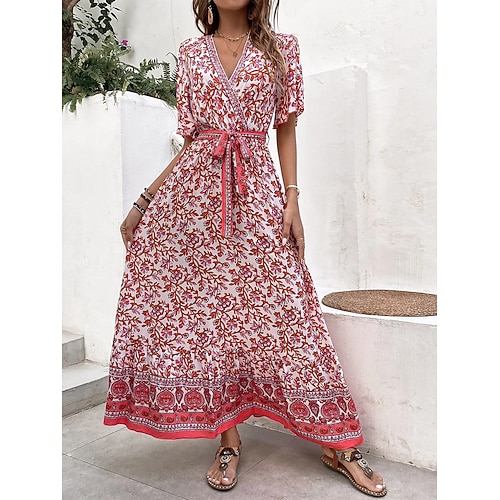 

Dame Lang kjole Maxikjole Hverdagskjole Swing Kjole Sommerkjole Blomstret Mode Bohemisk udendørs Daglig Ferie Blondér Trykt mønster Kortærmet V-hals Kjole Regulær Rød Sommer Forår S M L XL XXL