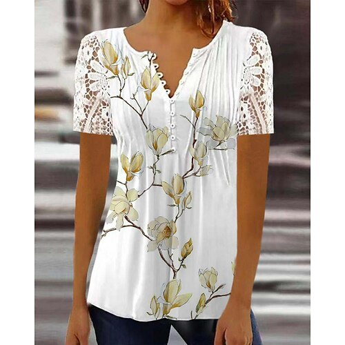 

Mulheres Camisa Social Blusa Amarelo Azul Roxo Floral Renda Botão Manga Curta Casual Feriado Básico Decote Redondo Padrão Tema Flores S