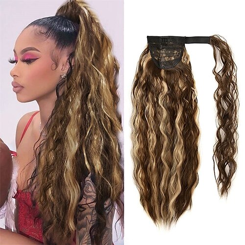 

Corn Wave Ponytail Extension Clip in - 22 Inch Long Wavy Curly Wrap Around Pony Tail Heat Resistant Synthetic Hairpiece for Women