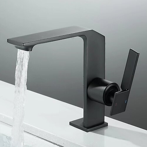 thumbnail image 2 of Becola Matte Black Bathroom Sink Faucet - Waterfall Spout, Deck Mounted, Brass, Low Lead (SD0125) 2 of 6