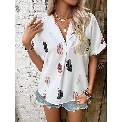 

Mujer Camisa Blusa Rojo Profundo Negro Blanco Pluma Botón Estampado Manga Corta Casual Básico Cuello Camisero Regular S