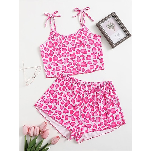

Dame Pyjamas Pyjamas topp og bukse Sett Leopard Mote Fritid Myk Hjem Daglig Seng Polyester Pustende stropper Ermeløs Stropp Topp Shorts Sommer Vår Rosa