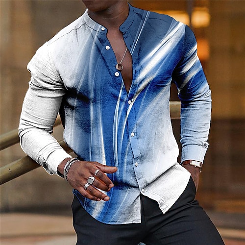 

Men's Shirt Linen Shirt Gradient Graphic Prints Linear Stand Collar Red Blue Purple Brown Green Outdoor Street Long Sleeve Print Clothing Apparel Linen Fashion Streetwear Designer Casual