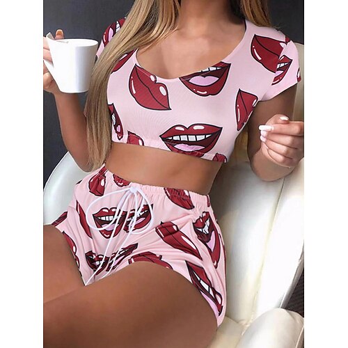 

Dame Sexy undertøy Sett Leppe Kjærester Varmt Komfort Hjem Daglig Seng Bomull Pustende Crew-hals Kortermet Avskåret topp Shorts Sommer Vår Svart Hvit