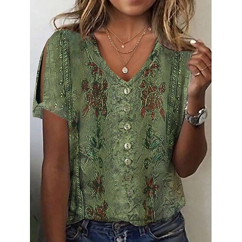 

Women's T shirt Tee Wine Blue Green Floral Cut Out Print Short Sleeve Holiday Weekend Basic V Neck Regular Floral Painting S